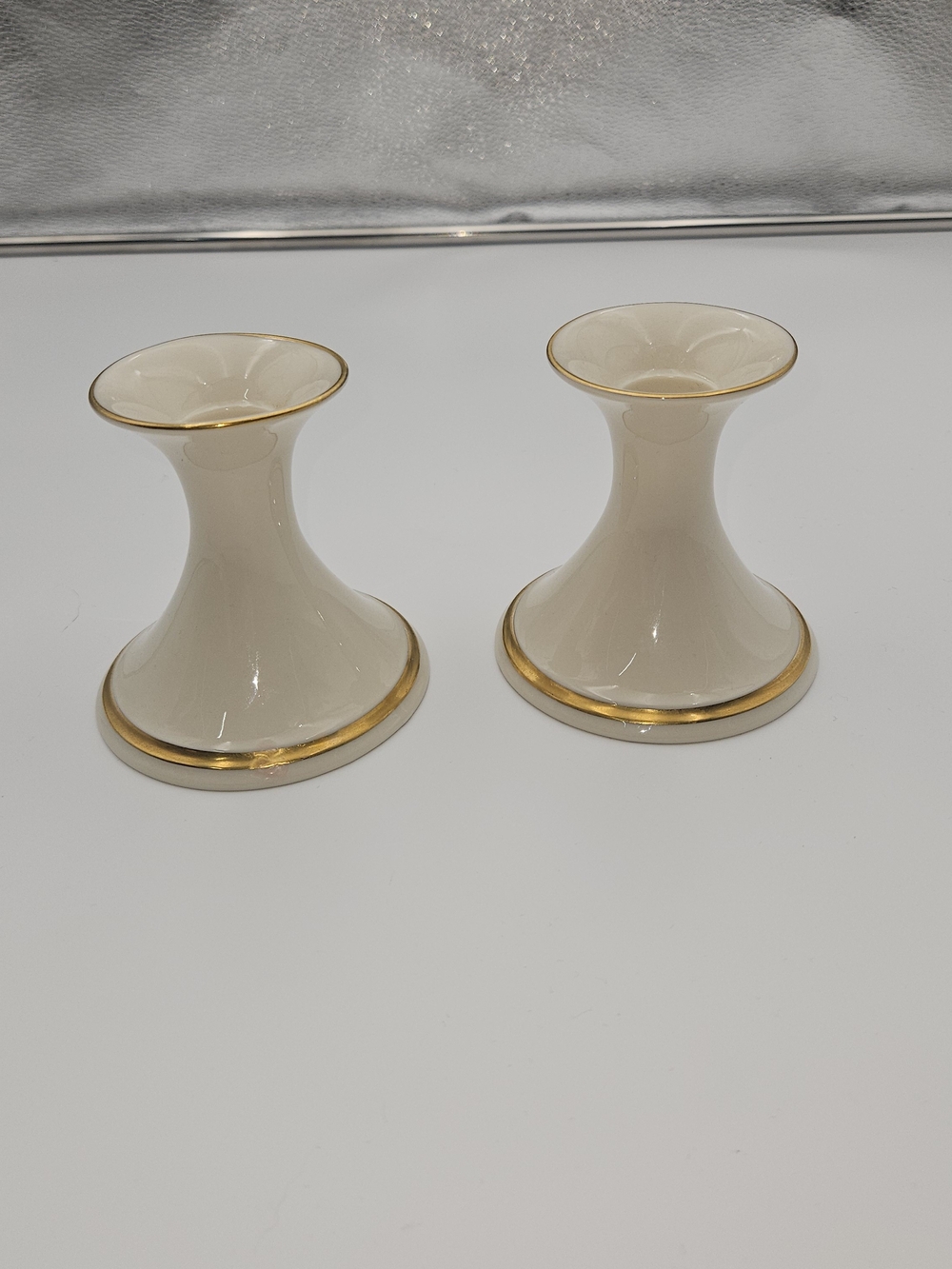 Lenox Cream and Gold Rim Ceramic Candle Holders - Pair